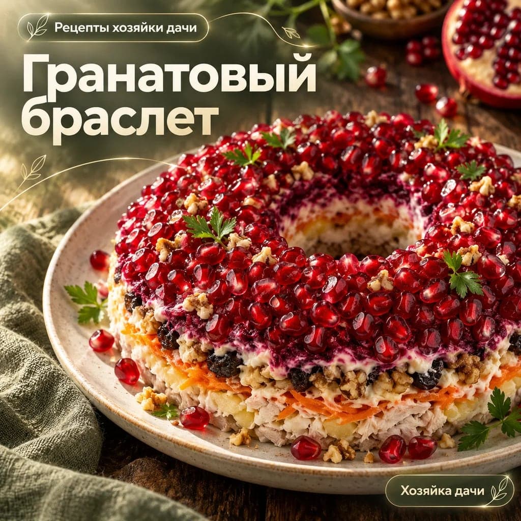 Рецепт салата «Гранатовый браслет» с курицей, черносливом и орехами