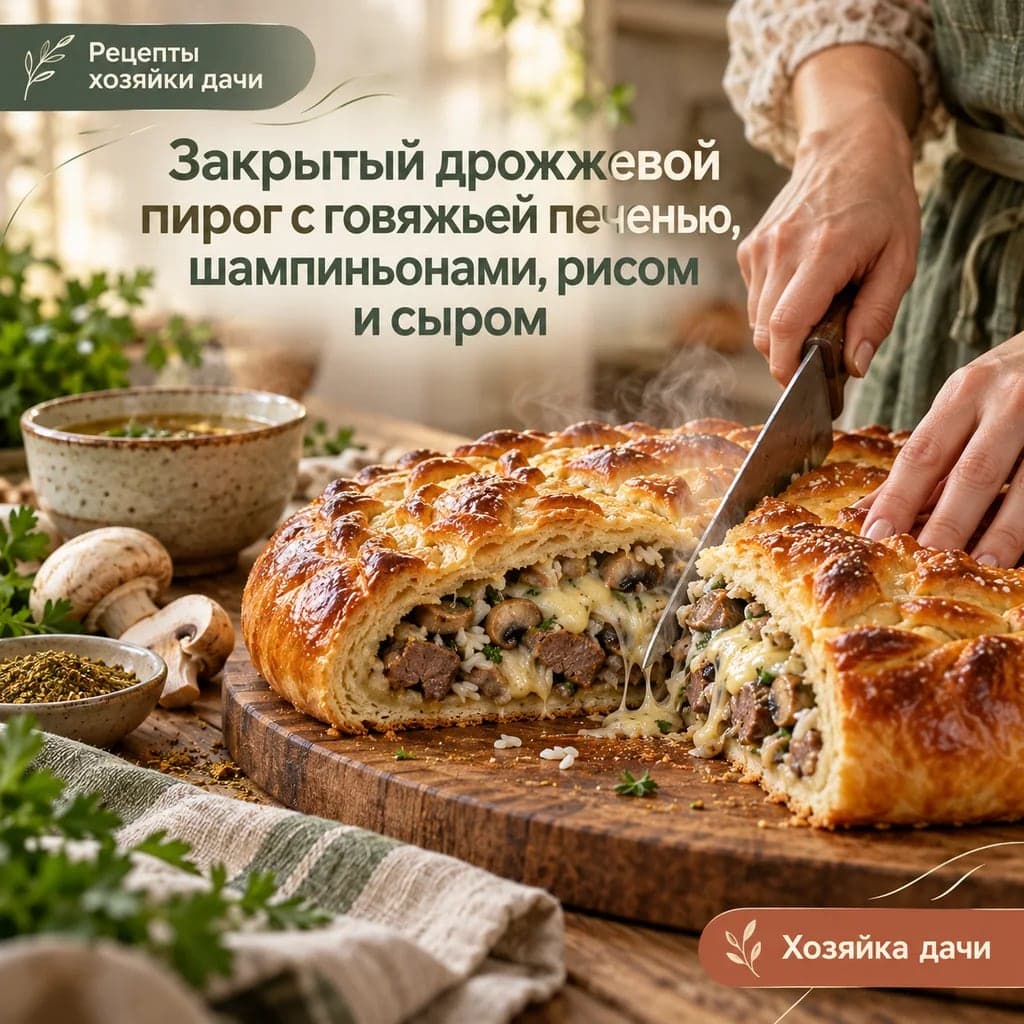 Закрытый дрожжевой пирог с говяжьей печенью, шампиньонами, рисом и сыром