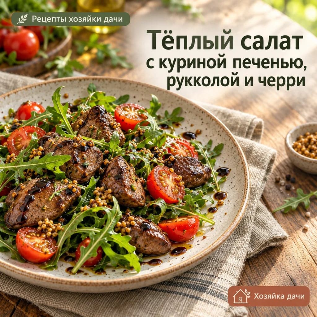 Тёплый салат с куриной печенью, рукколой и черри