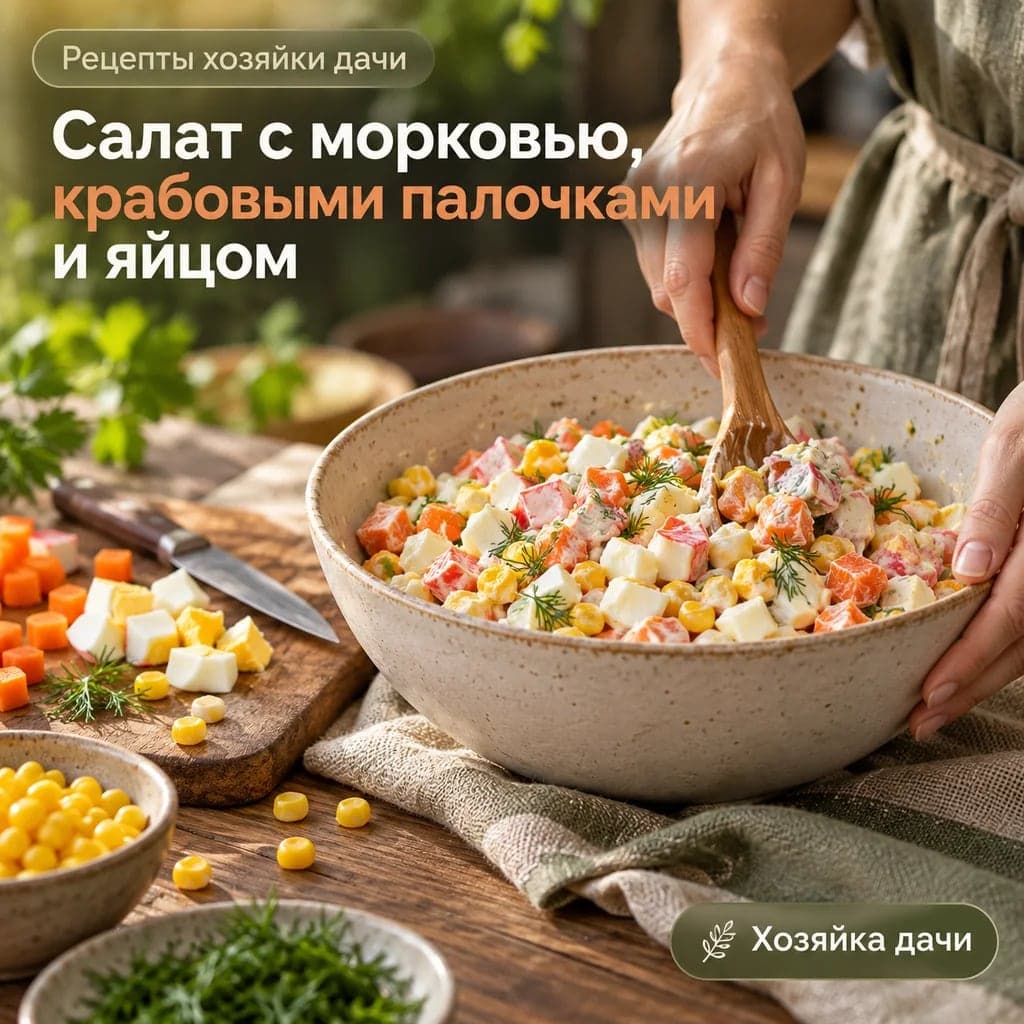 Салат с морковью, крабовыми палочками, яйцом и кукурузой