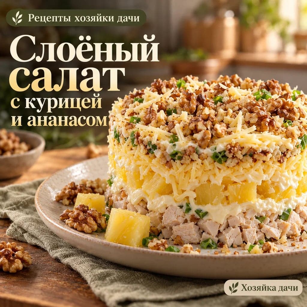 Слоеный салат с курицей, ананасом, сыром и грецкими орехами